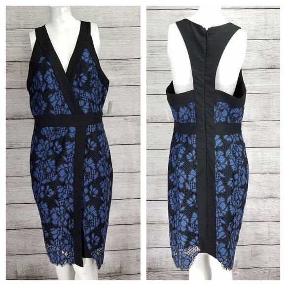 NEW Harlyn L Two Tone Lace Cocktail Sheath Dress Surplice Neck - Picture 2 of 14